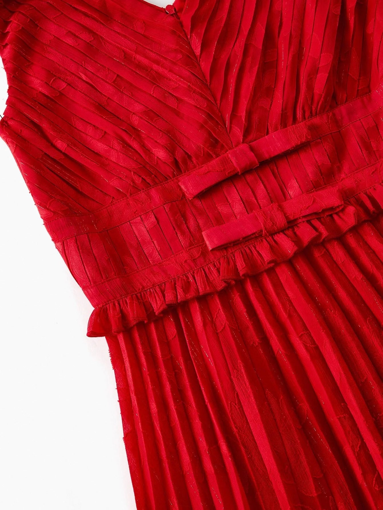 PREMIUM VNECK PLEATED LACE PATCHWORK MIDI DRESS