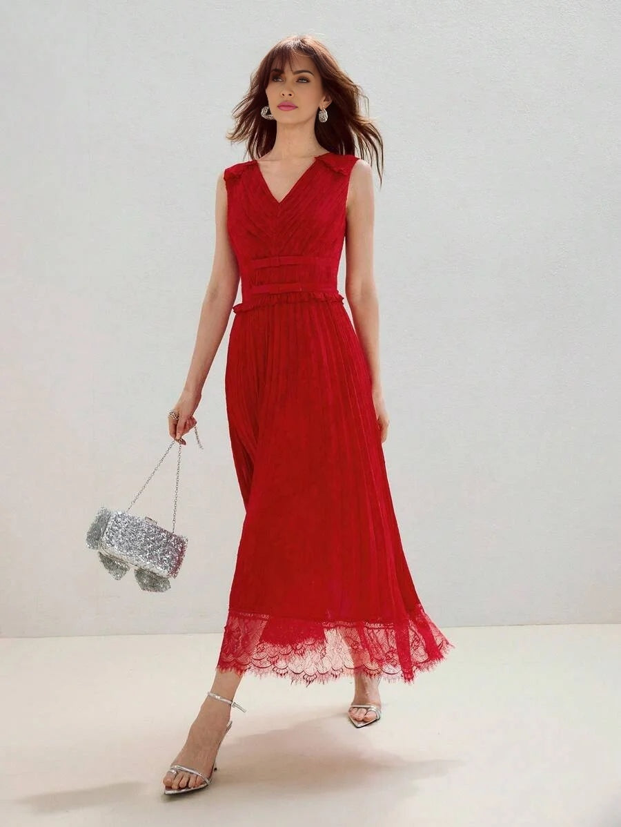 PREMIUM VNECK PLEATED LACE PATCHWORK MIDI DRESS