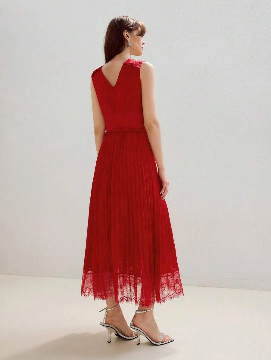 PREMIUM VNECK PLEATED LACE PATCHWORK MIDI DRESS