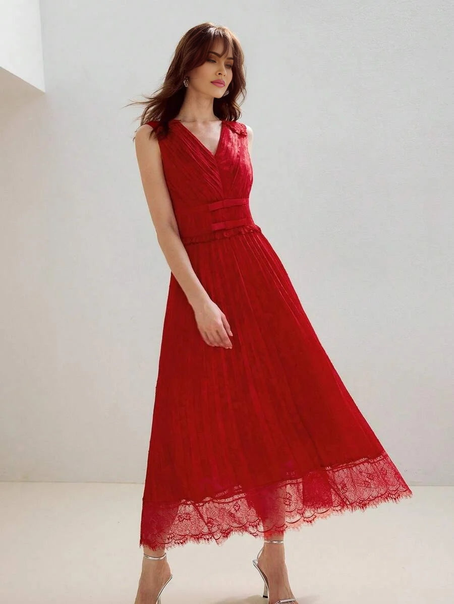 PREMIUM VNECK PLEATED LACE PATCHWORK MIDI DRESS