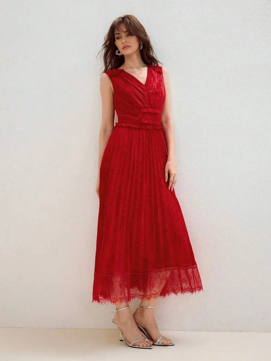 PREMIUM VNECK PLEATED LACE PATCHWORK MIDI DRESS