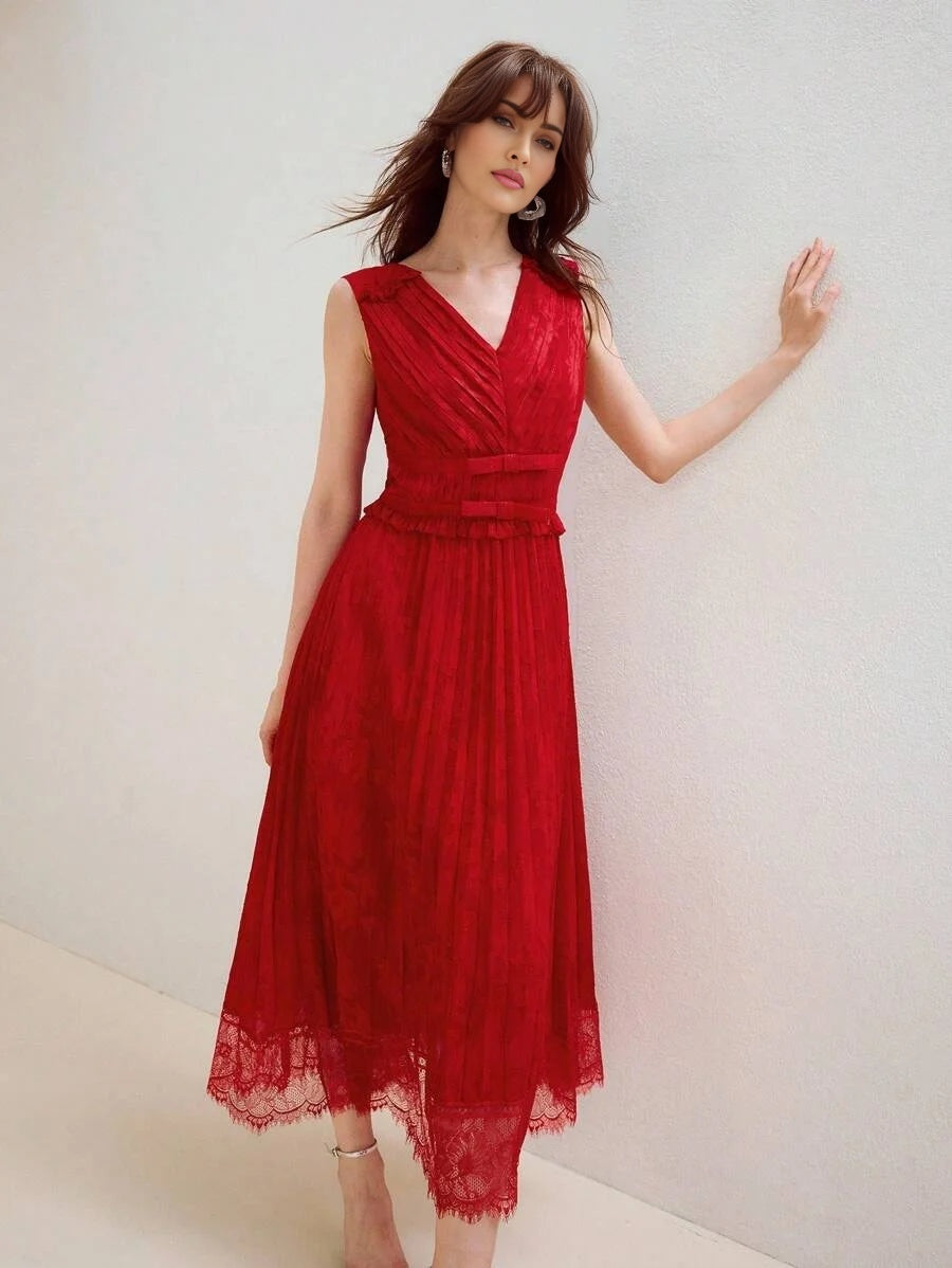 PREMIUM VNECK PLEATED LACE PATCHWORK MIDI DRESS