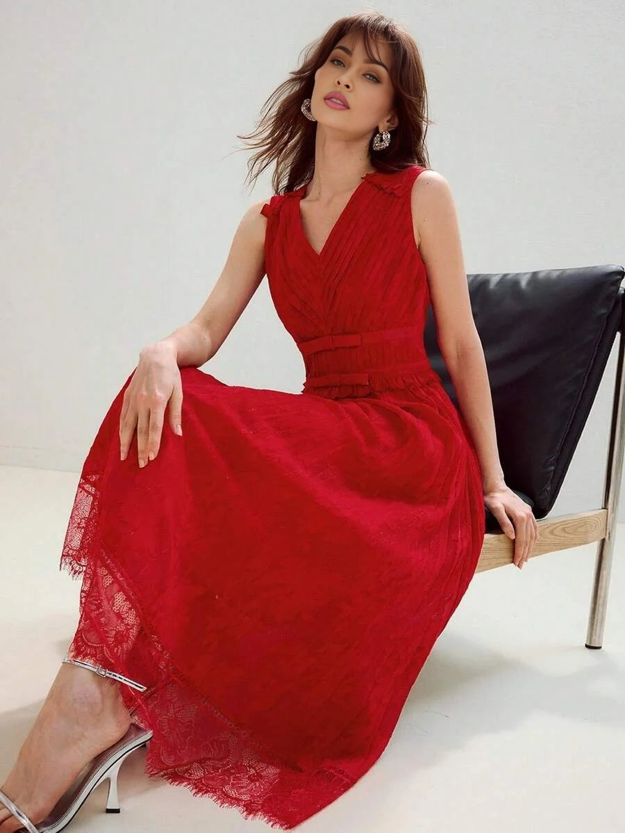 PREMIUM VNECK PLEATED LACE PATCHWORK MIDI DRESS