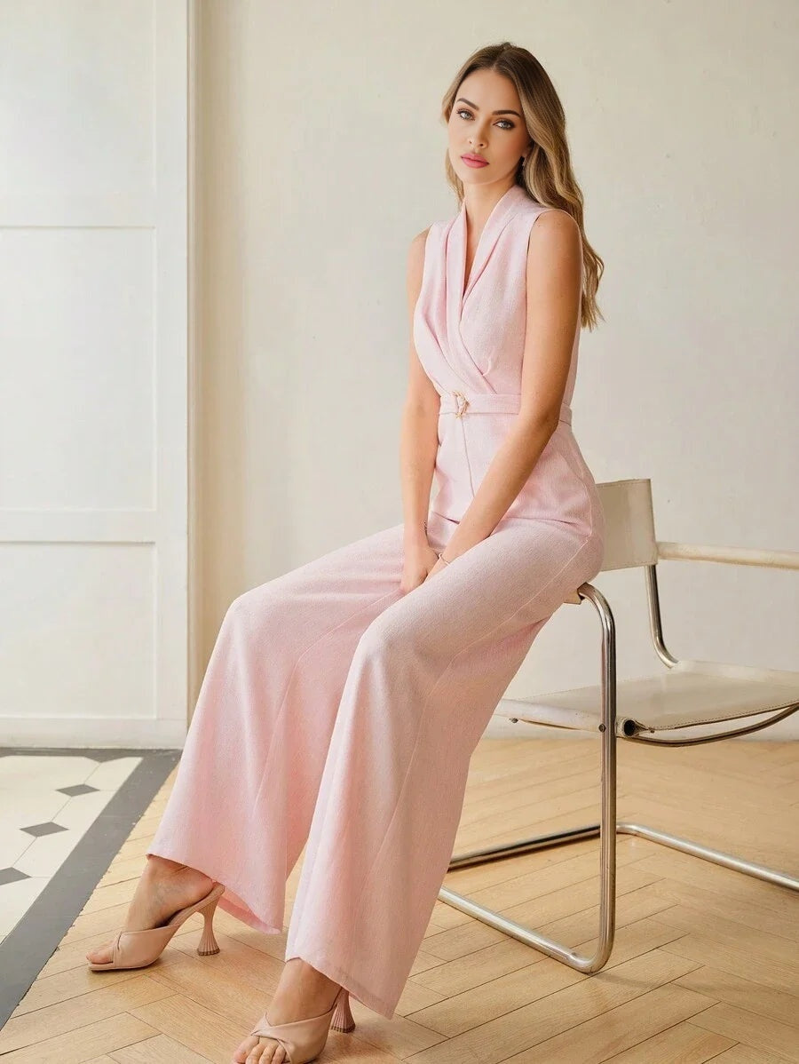 PREMIUM VNECK SLEEVELESS WIDE LEG JUMPSUIT TEXTURED TWILL BELTED JUMPSUIT SLEEVELESS VALENTINES