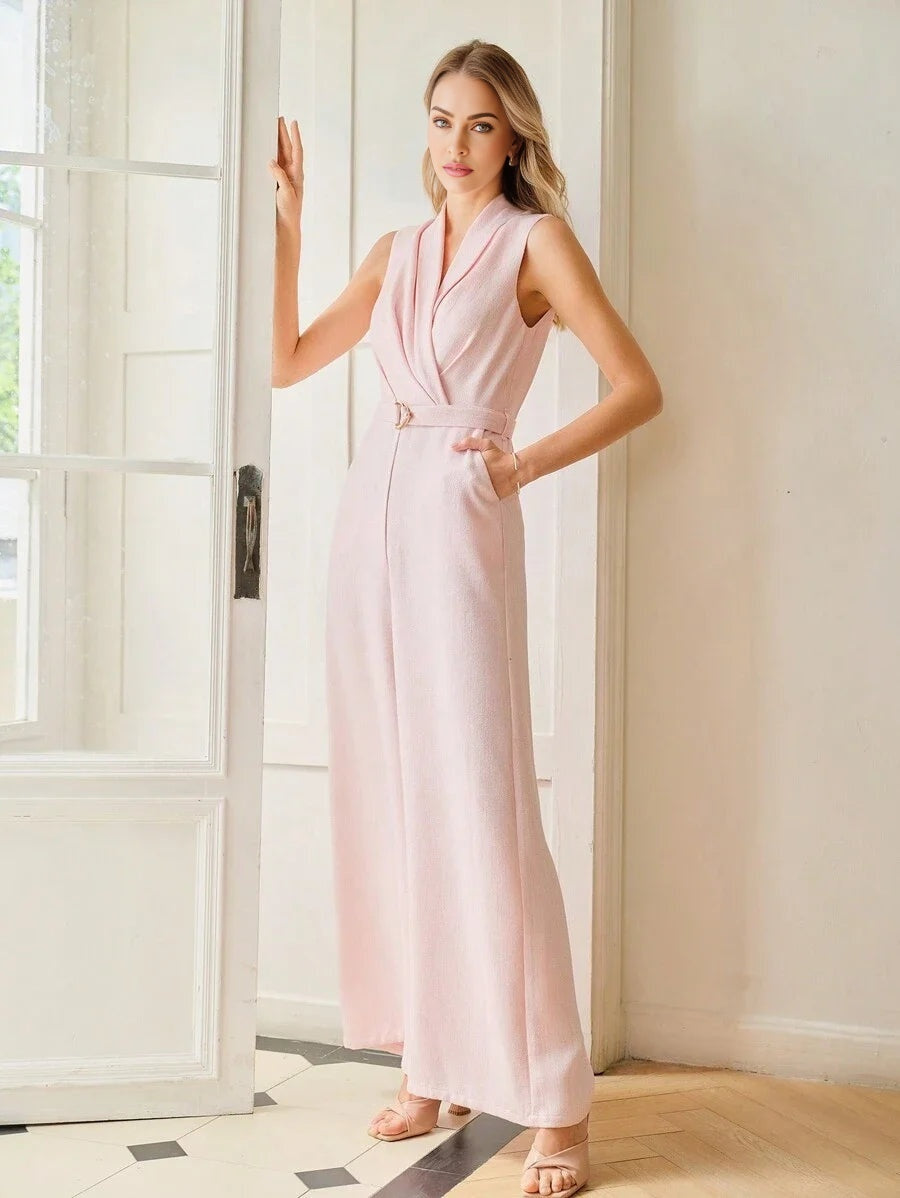 PREMIUM VNECK SLEEVELESS WIDE LEG JUMPSUIT TEXTURED TWILL BELTED JUMPSUIT SLEEVELESS VALENTINES