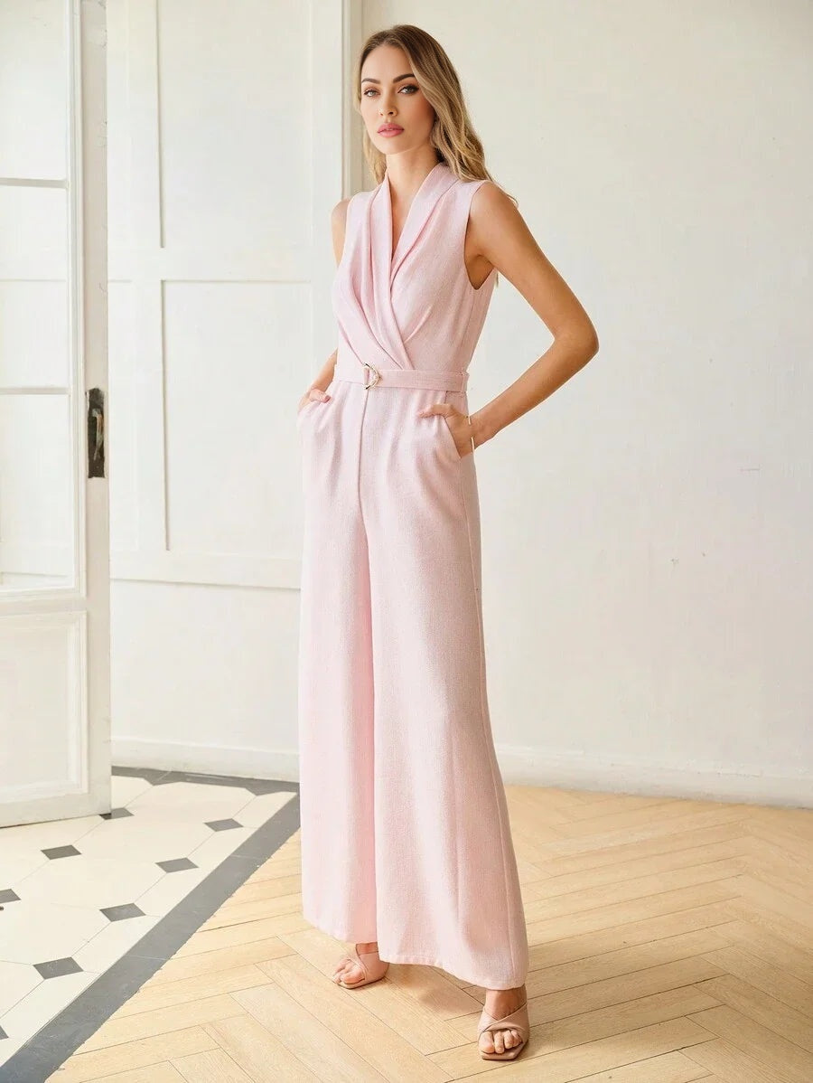 PREMIUM VNECK SLEEVELESS WIDE LEG JUMPSUIT TEXTURED TWILL BELTED JUMPSUIT SLEEVELESS VALENTINES