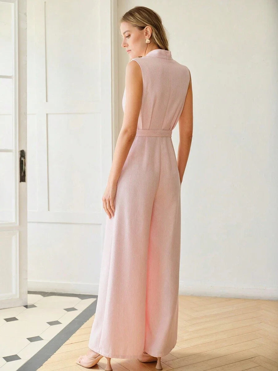 PREMIUM VNECK SLEEVELESS WIDE LEG JUMPSUIT TEXTURED TWILL BELTED JUMPSUIT SLEEVELESS VALENTINES