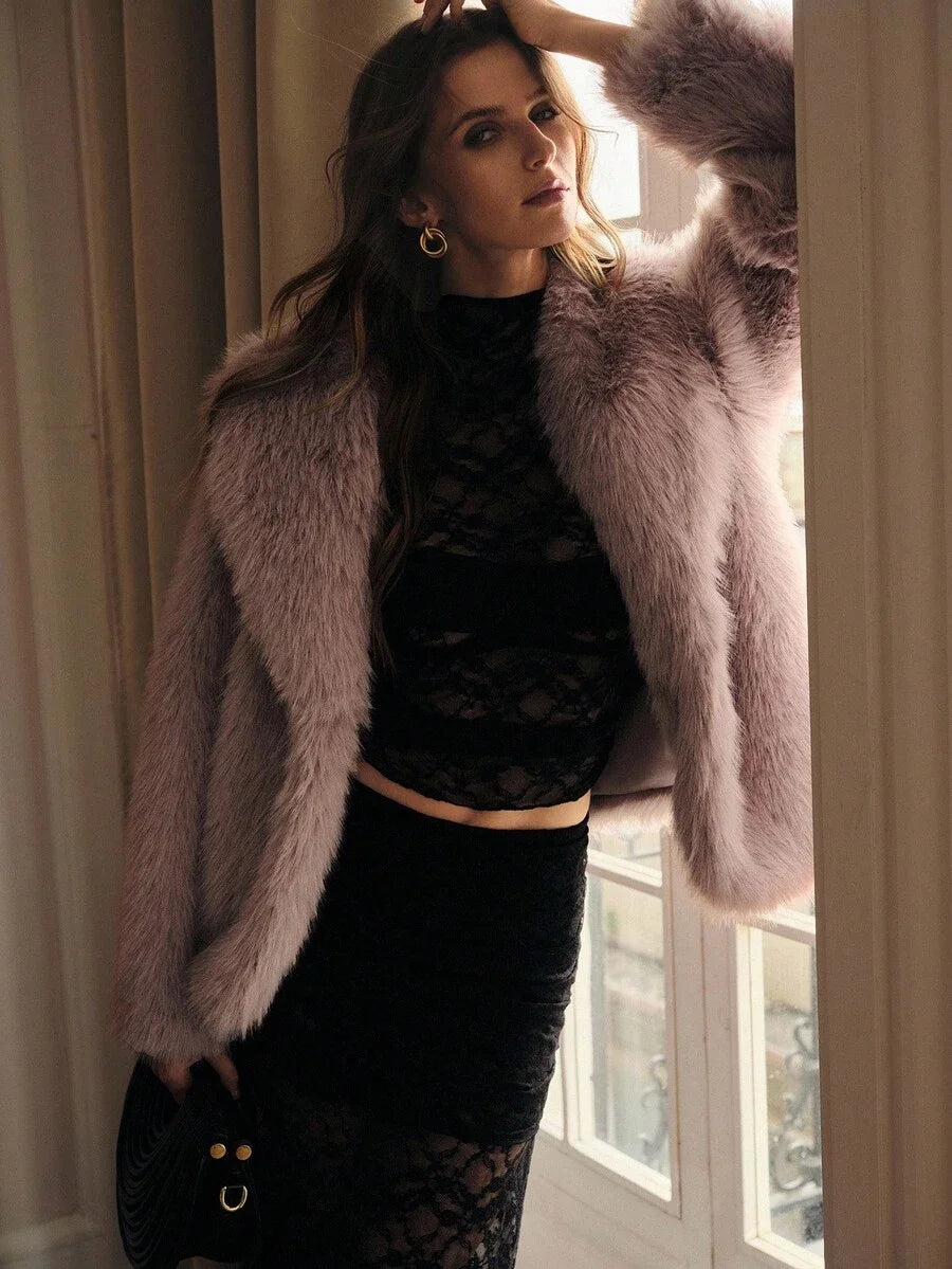 PREMIUM WATERFALL BELTED FAUX FUR COAT