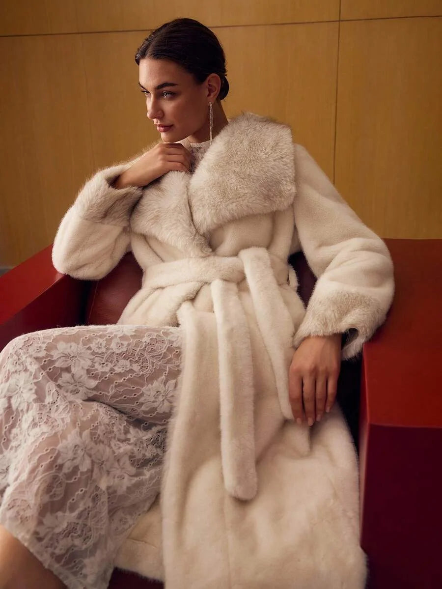 PREMIUM WATERFALL BELTED FAUX FUR COAT