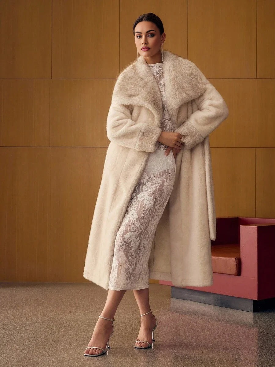 PREMIUM WATERFALL BELTED FAUX FUR COAT