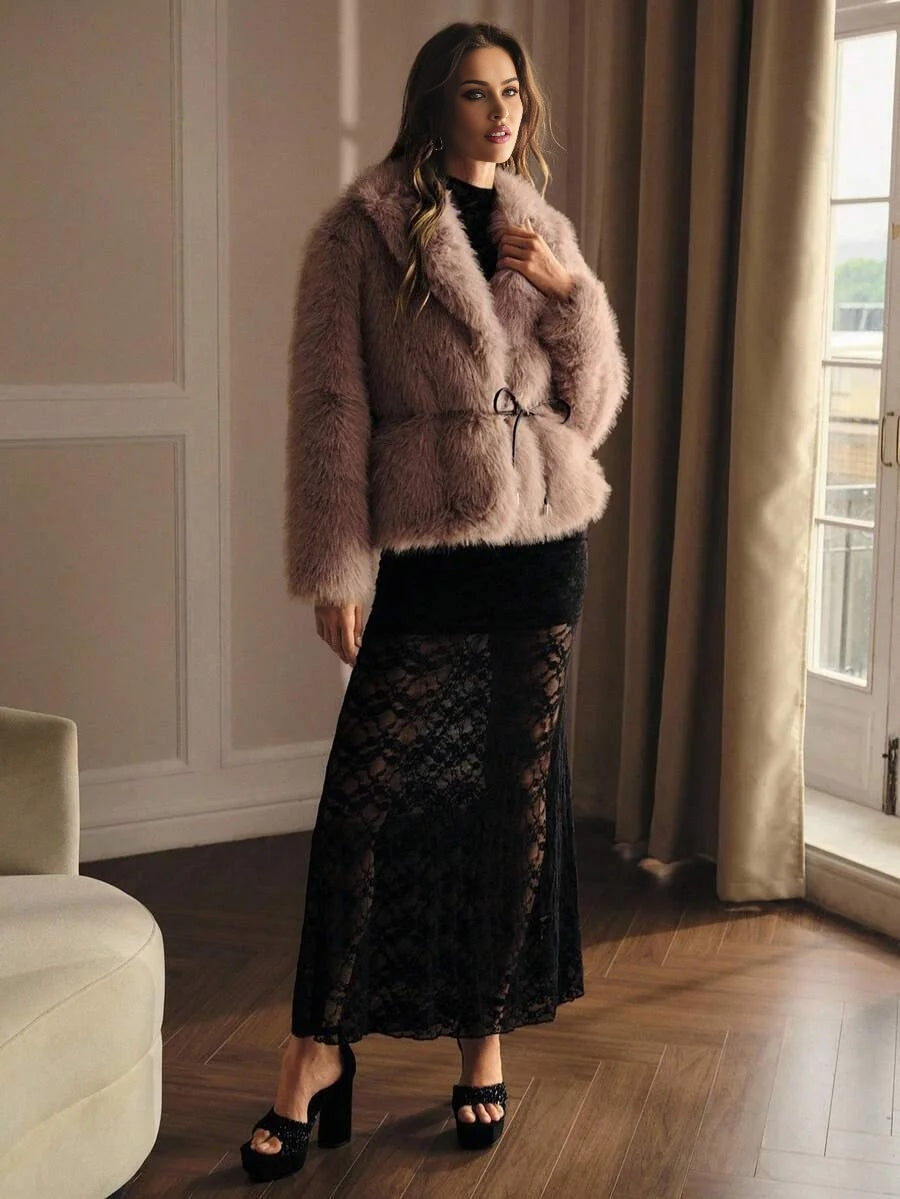 PREMIUM WATERFALL BELTED FAUX FUR COAT