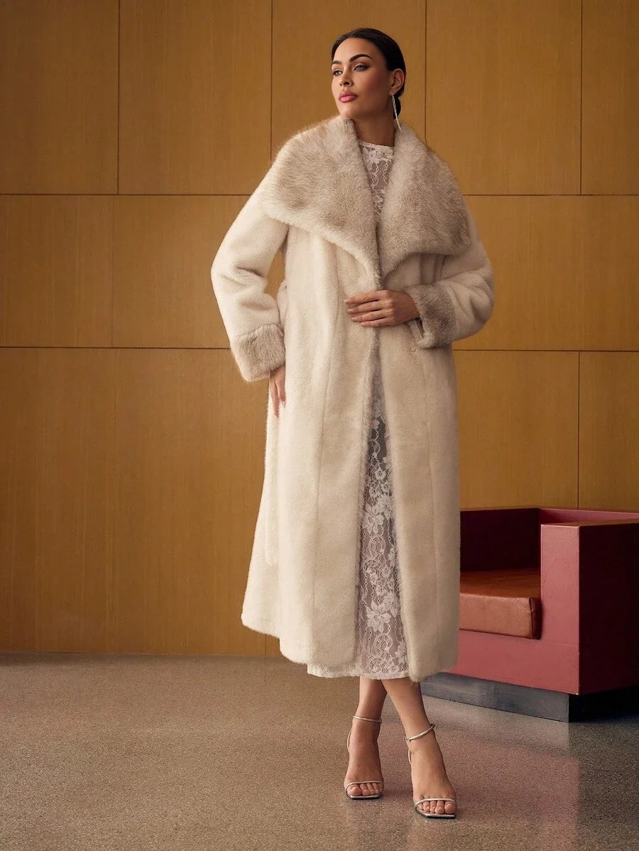 PREMIUM WATERFALL BELTED FAUX FUR COAT