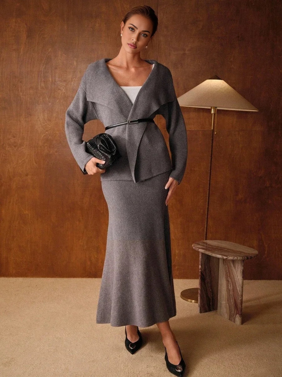 PREMIUM WATERFALL COLLAR BELTED CARDIGAN