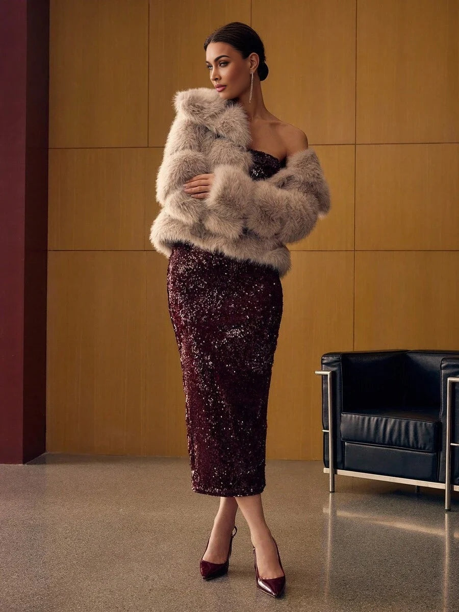 PREMIUM WATERFALL LONG SLEEVE FAUX FUR COAT