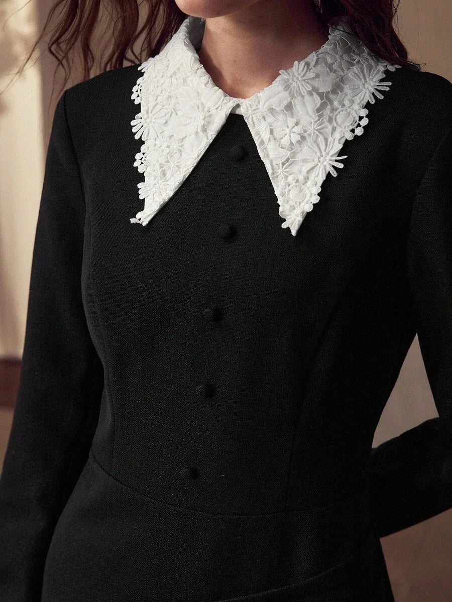 PREMIUM WATERSOLUBLE 3D EMBROIDERED 2 IN 1 COLLAR DECOR COLLEGIATE STYLE ELEGANT WOMEN SHORT DRESS