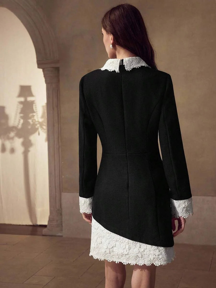 PREMIUM WATERSOLUBLE 3D EMBROIDERED 2 IN 1 COLLAR DECOR COLLEGIATE STYLE ELEGANT WOMEN SHORT DRESS