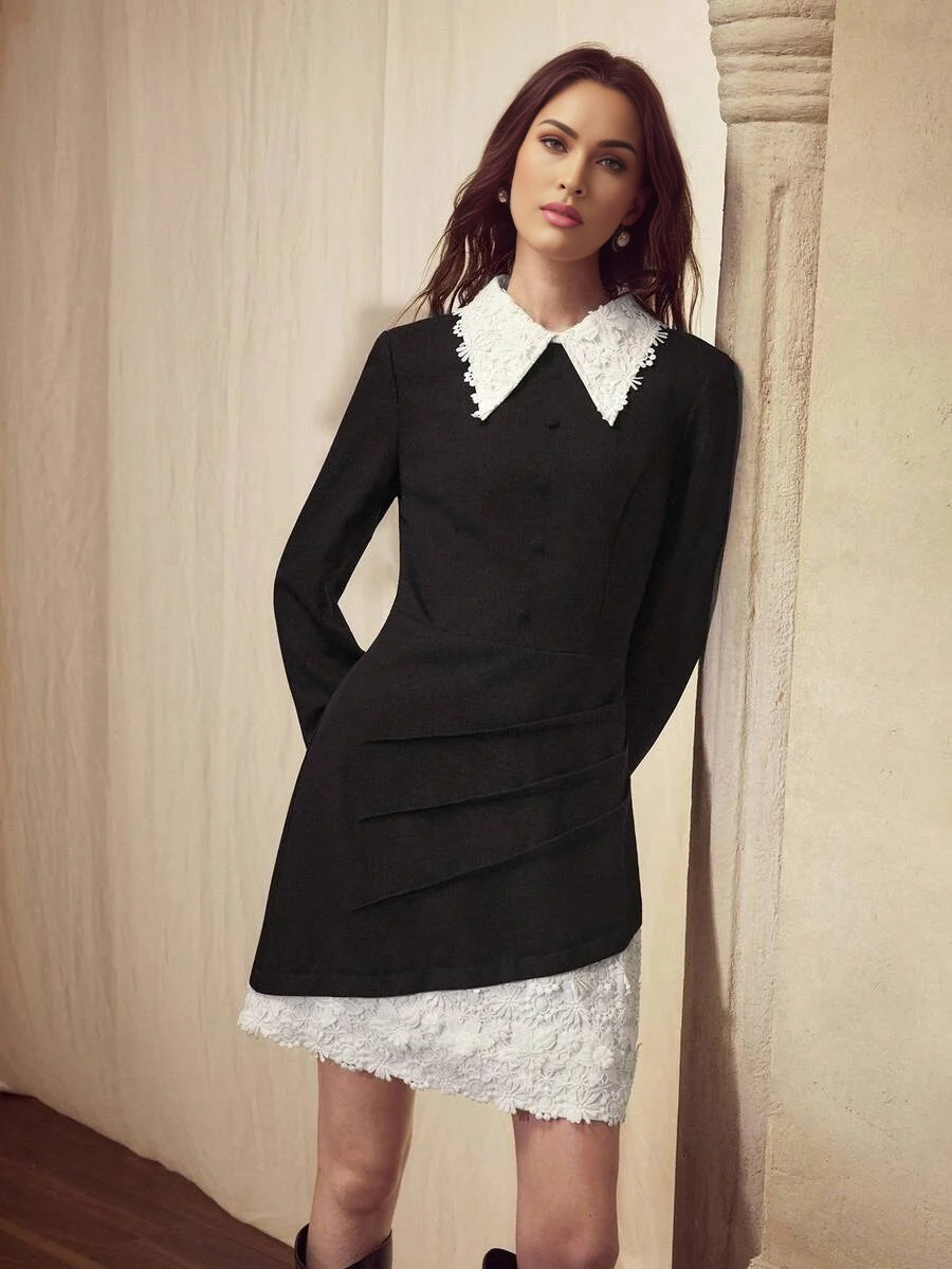 PREMIUM WATERSOLUBLE 3D EMBROIDERED 2 IN 1 COLLAR DECOR COLLEGIATE STYLE ELEGANT WOMEN SHORT DRESS