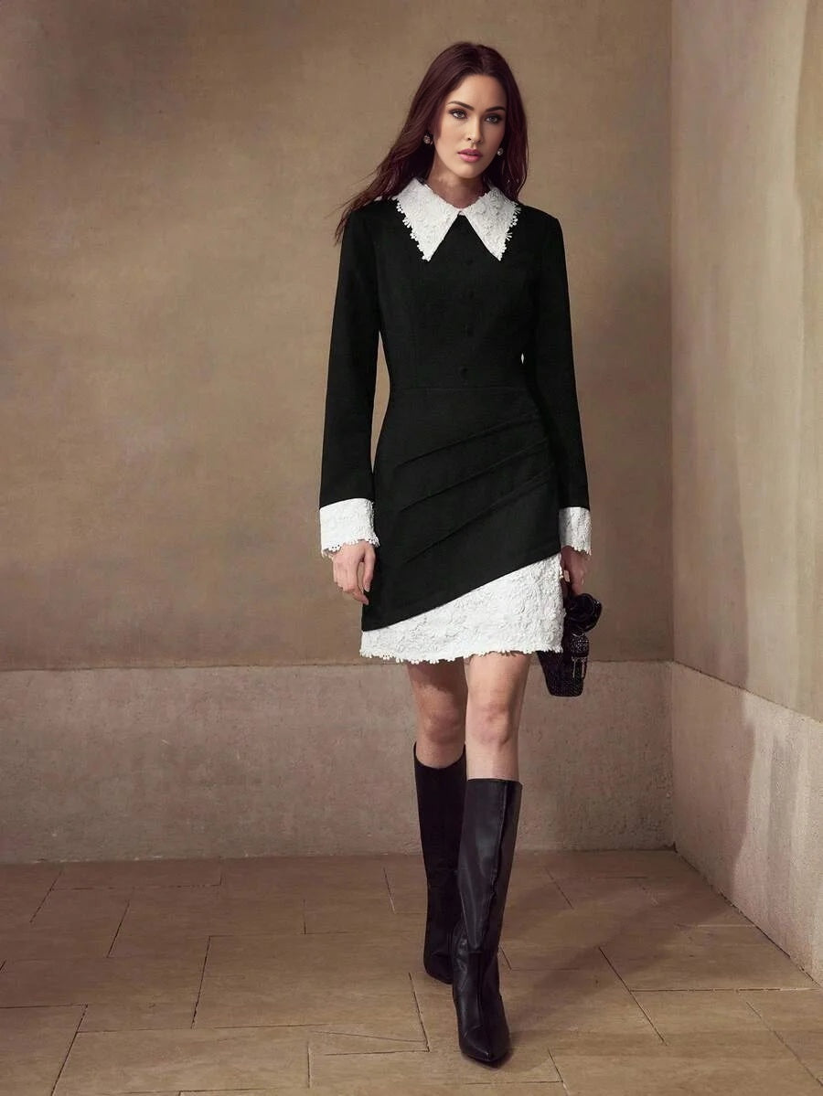 PREMIUM WATERSOLUBLE 3D EMBROIDERED 2 IN 1 COLLAR DECOR COLLEGIATE STYLE ELEGANT WOMEN SHORT DRESS