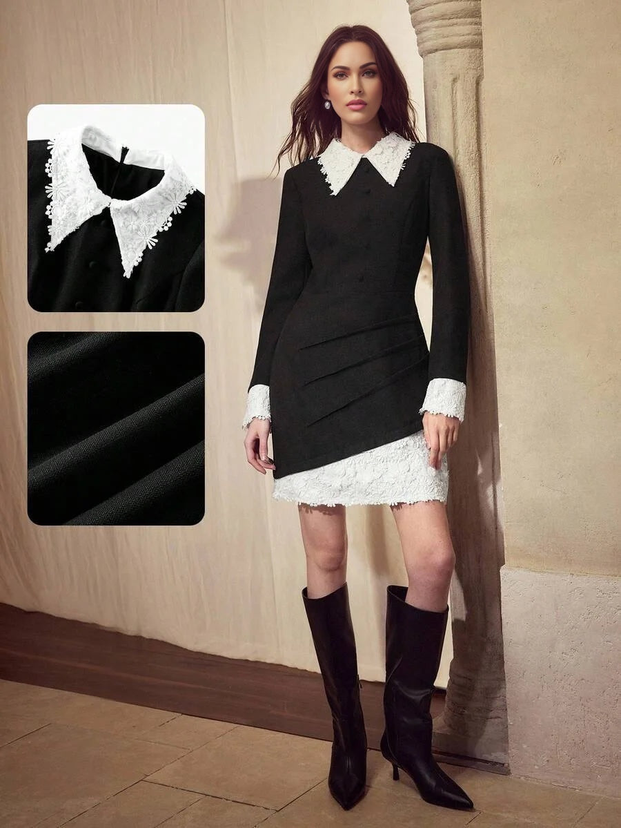 PREMIUM WATERSOLUBLE 3D EMBROIDERED 2 IN 1 COLLAR DECOR COLLEGIATE STYLE ELEGANT WOMEN SHORT DRESS