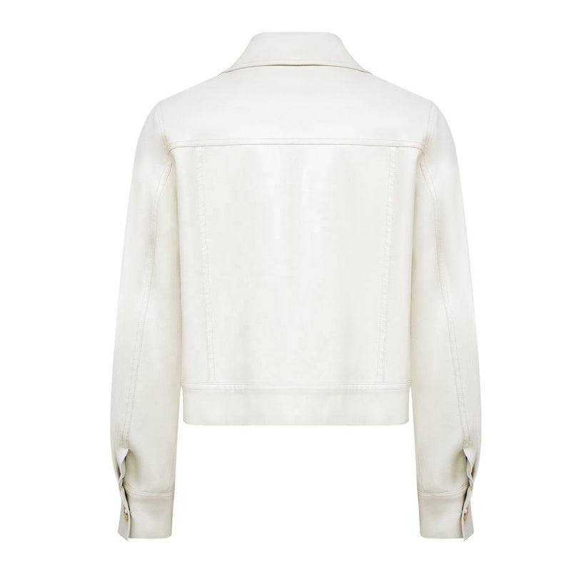 Jane wearing Premium White Leather Bomber Jacket for Women