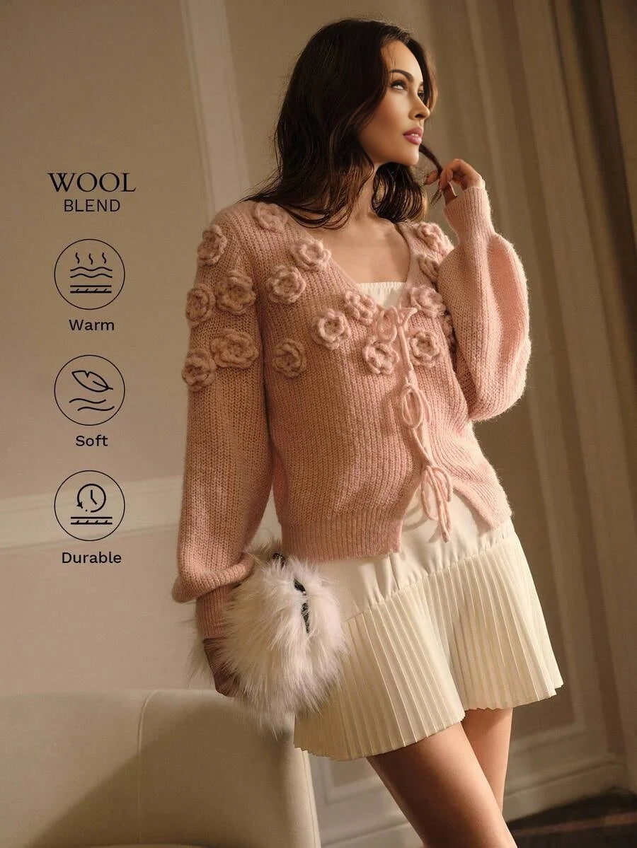 PREMIUM WOMEN DELICATE ROMANTIC ELEGANT 3D FLOWER KNITTED CARDIGAN