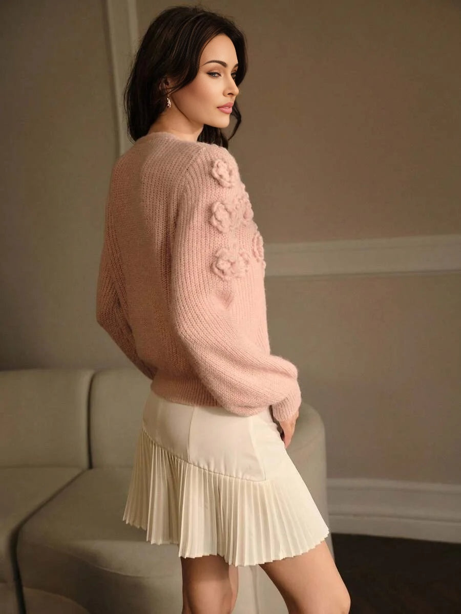 PREMIUM WOMEN DELICATE ROMANTIC ELEGANT 3D FLOWER KNITTED CARDIGAN