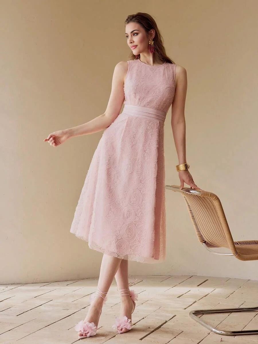 PREMIUM WOMEN FLORAL MESH ELEGANT MIDI DRESS