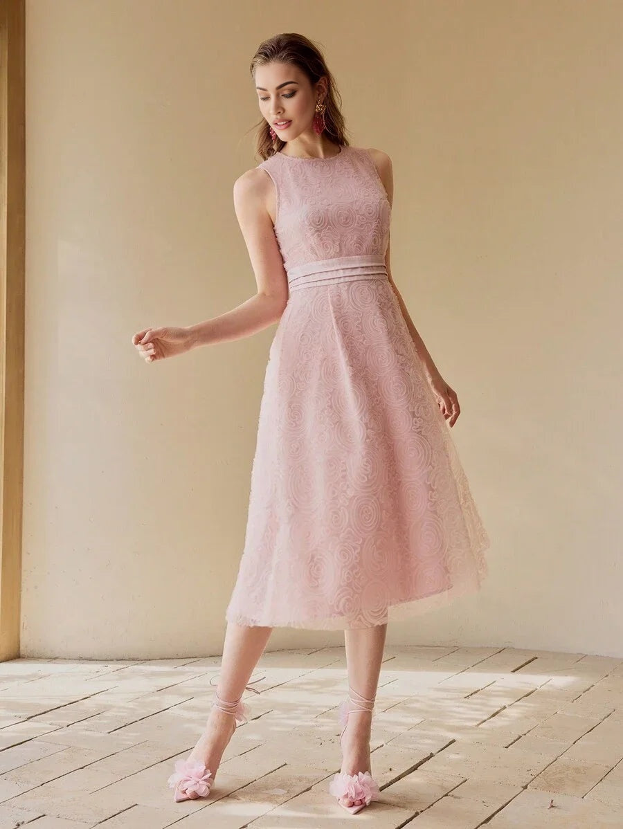 PREMIUM WOMEN FLORAL MESH ELEGANT MIDI DRESS