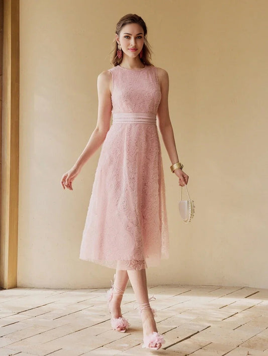 PREMIUM WOMEN FLORAL MESH ELEGANT MIDI DRESS