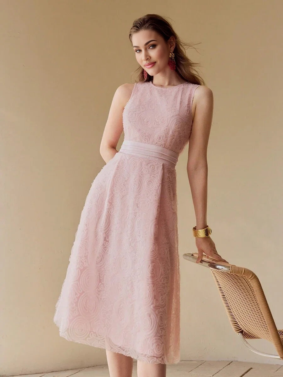 PREMIUM WOMEN FLORAL MESH ELEGANT MIDI DRESS