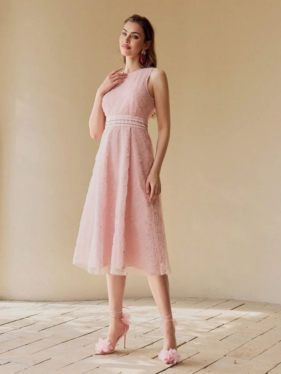 PREMIUM WOMEN FLORAL MESH ELEGANT MIDI DRESS