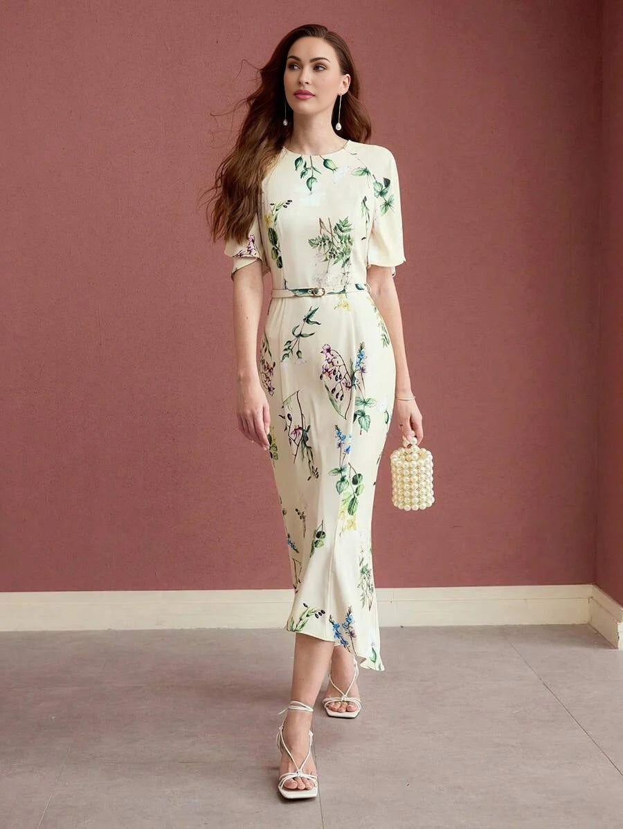 PREMIUM WOMEN FLORAL PRINT FLOUNCE SLEEVE MIDI DRESS