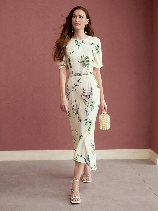 PREMIUM WOMEN FLORAL PRINT FLOUNCE SLEEVE MIDI DRESS