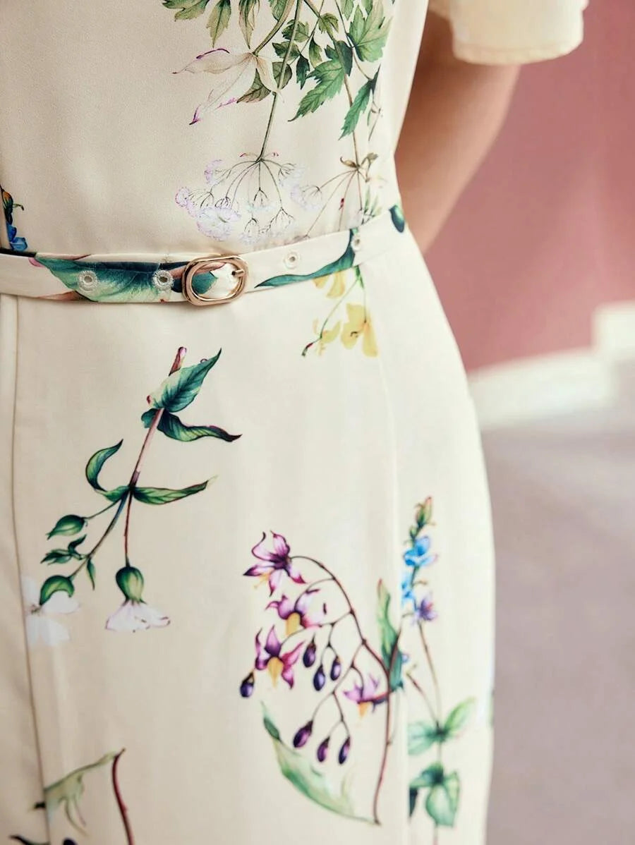 PREMIUM WOMEN FLORAL PRINT FLOUNCE SLEEVE MIDI DRESS