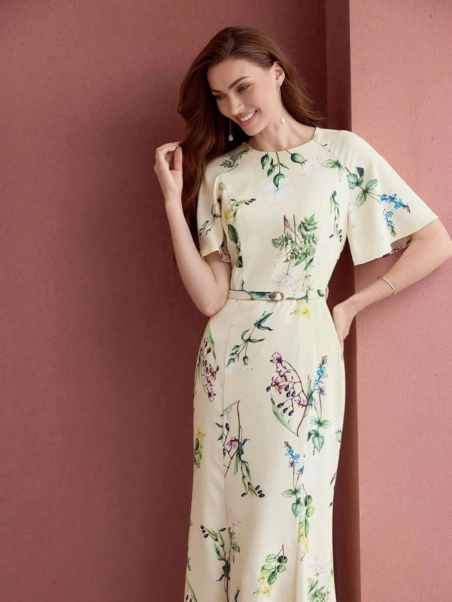 PREMIUM WOMEN FLORAL PRINT FLOUNCE SLEEVE MIDI DRESS