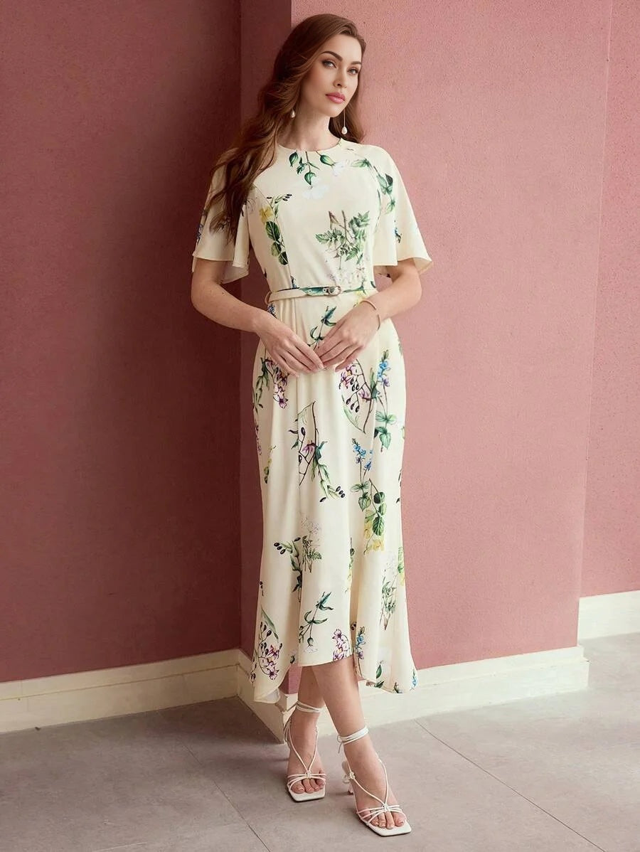 PREMIUM WOMEN FLORAL PRINT FLOUNCE SLEEVE MIDI DRESS