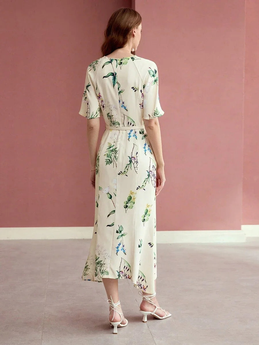 PREMIUM WOMEN FLORAL PRINT FLOUNCE SLEEVE MIDI DRESS