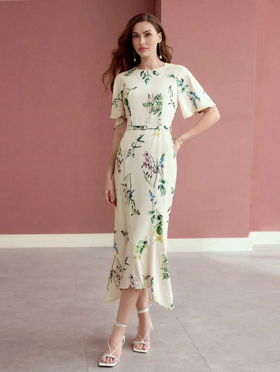 PREMIUM WOMEN FLORAL PRINT FLOUNCE SLEEVE MIDI DRESS