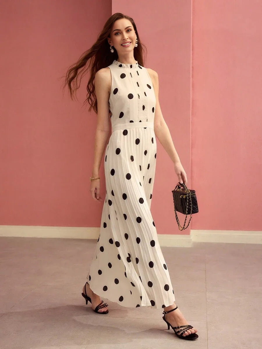PREMIUM WOMEN POLKA DOT PRINT PLEATED LONG DRESSSPRINGSUMMER