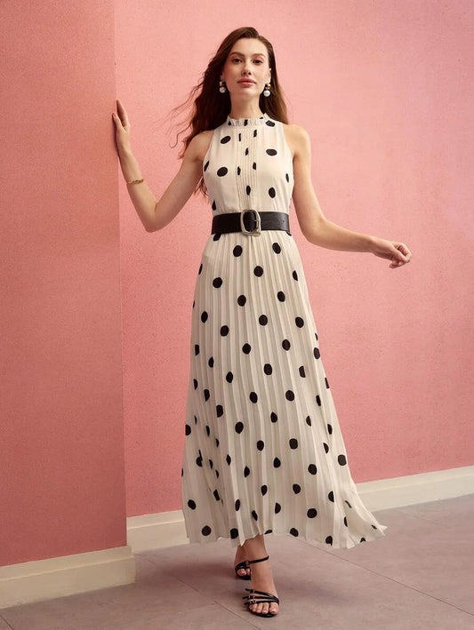 PREMIUM WOMEN POLKA DOT PRINT PLEATED LONG DRESSSPRINGSUMMER