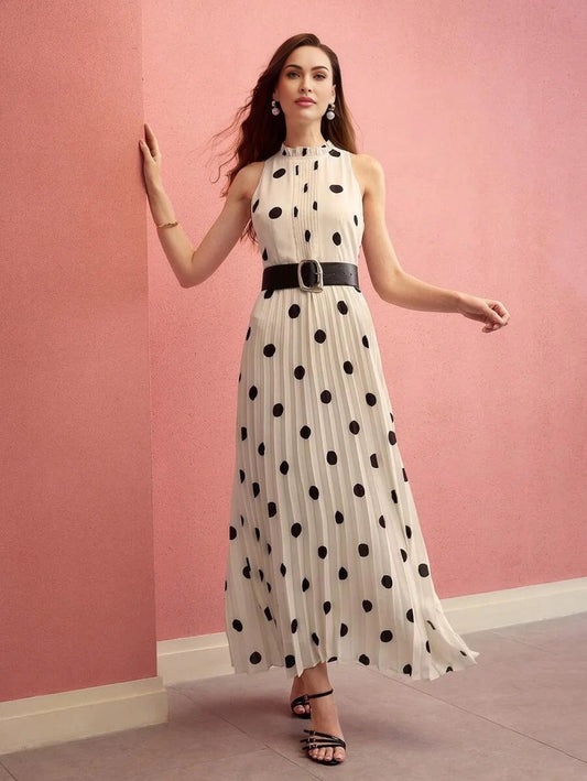 PREMIUM WOMEN POLKA DOT PRINT PLEATED LONG DRESSSPRINGSUMMER