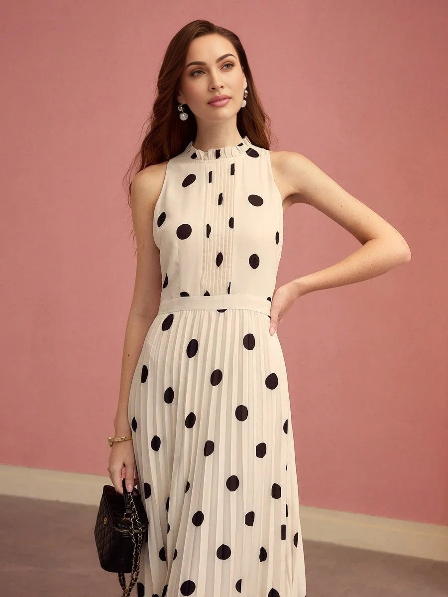 PREMIUM WOMEN POLKA DOT PRINT PLEATED LONG DRESSSPRINGSUMMER