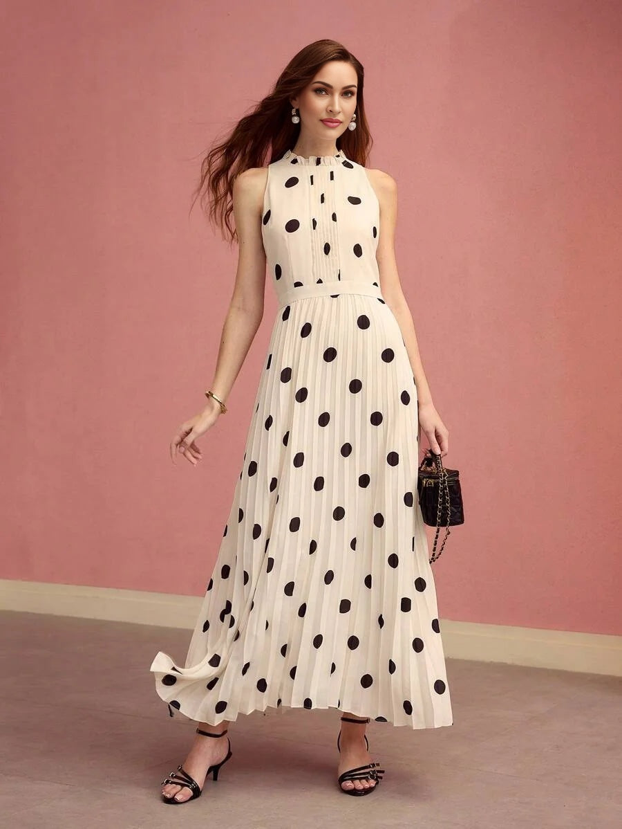 PREMIUM WOMEN POLKA DOT PRINT PLEATED LONG DRESSSPRINGSUMMER