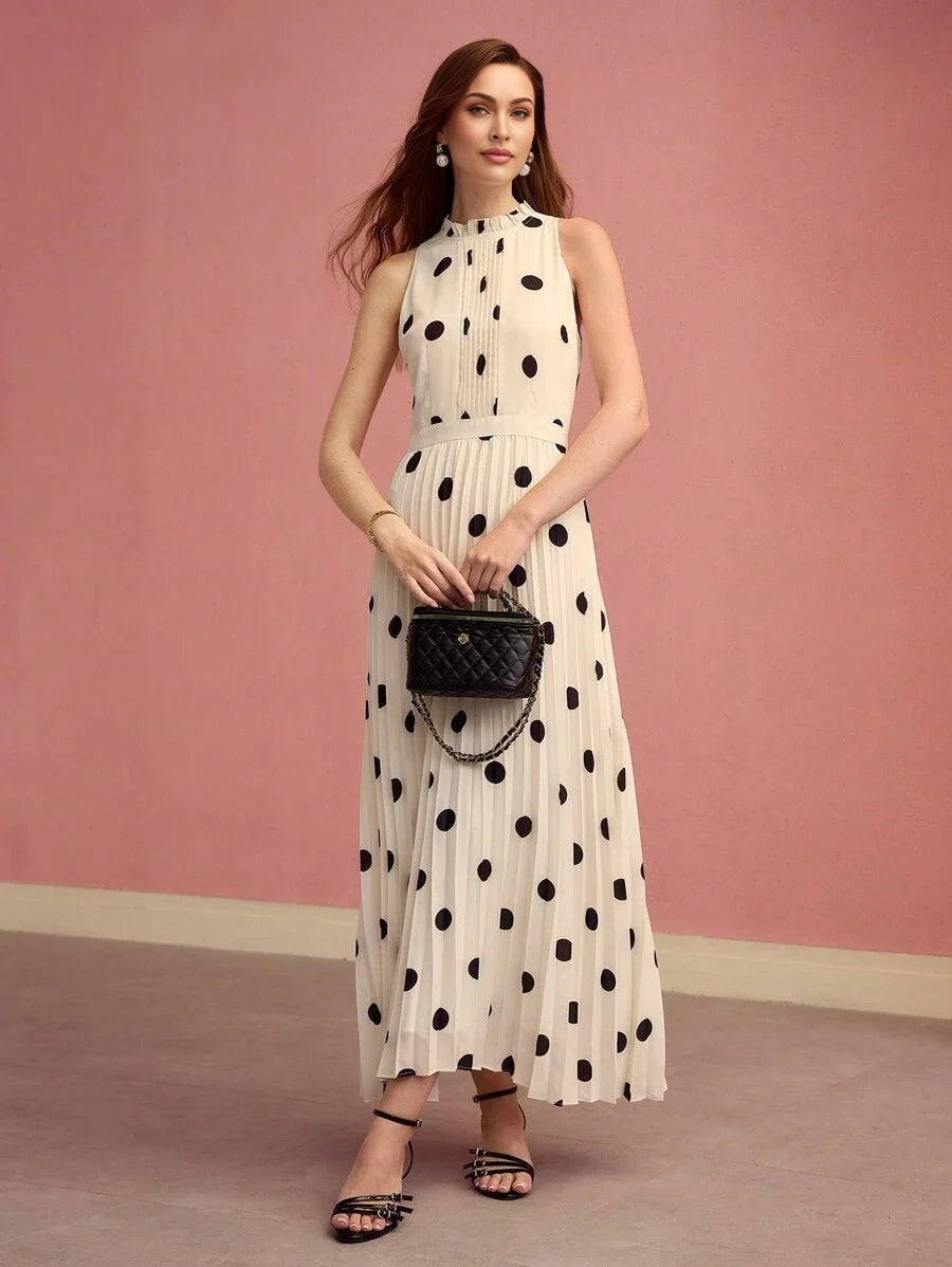 PREMIUM WOMEN POLKA DOT PRINT PLEATED LONG DRESSSPRINGSUMMER