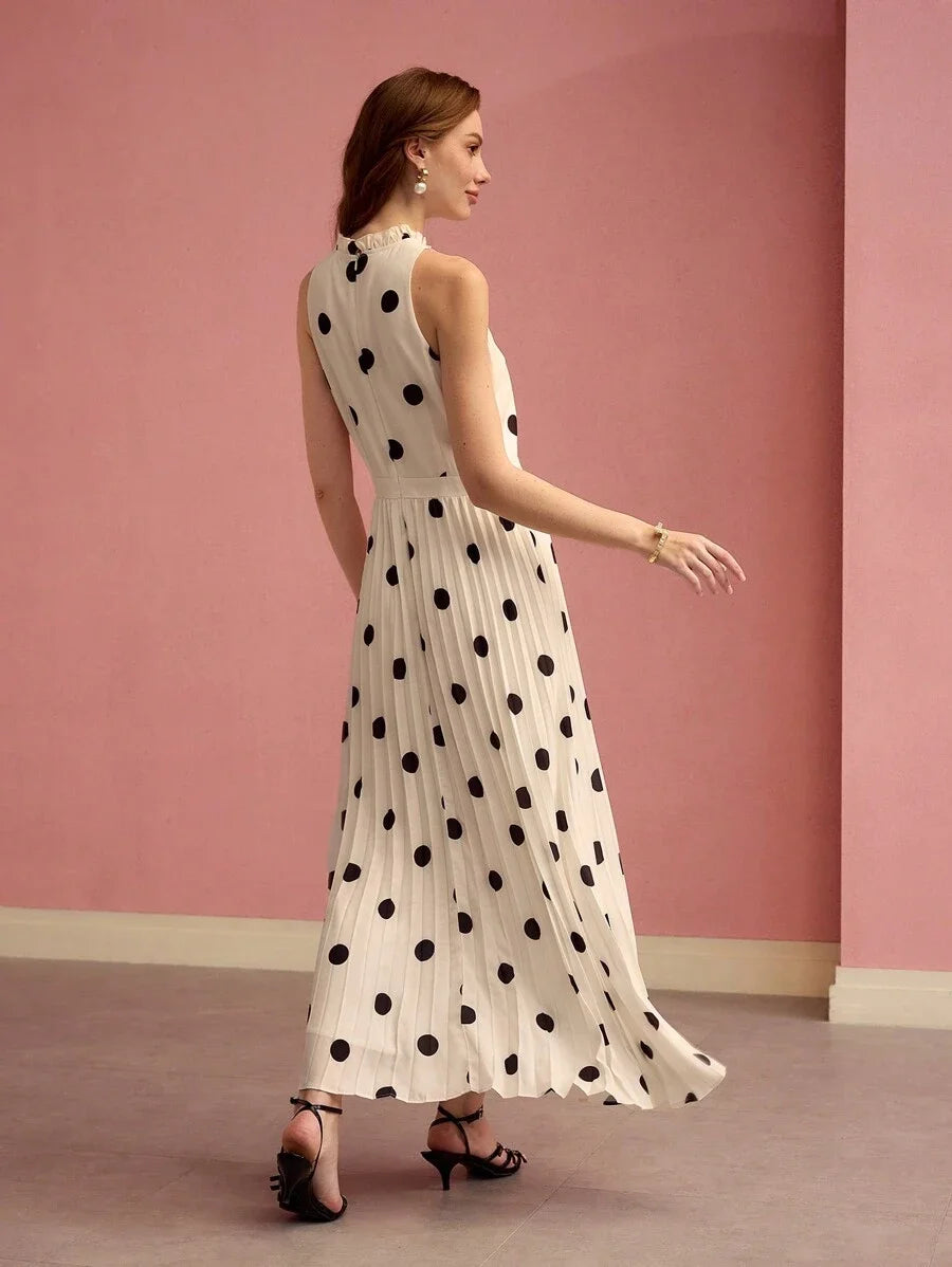PREMIUM WOMEN POLKA DOT PRINT PLEATED LONG DRESSSPRINGSUMMER