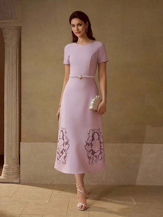 PREMIUM WOMEN ROSE EMBROIDERY WITH RHINESTONE HOLLOW WAIST MIDI DRESS
