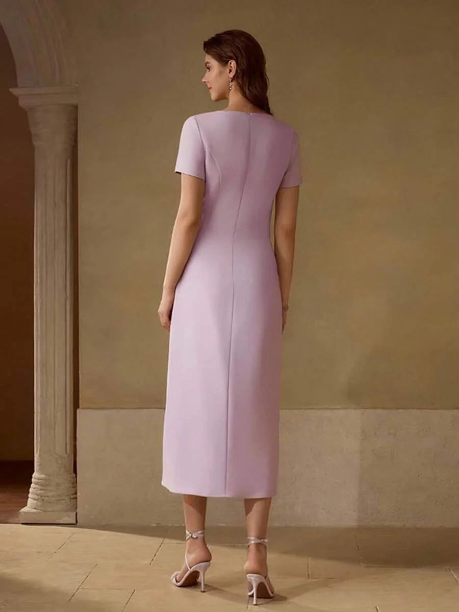 PREMIUM WOMEN ROSE EMBROIDERY WITH RHINESTONE HOLLOW WAIST MIDI DRESS