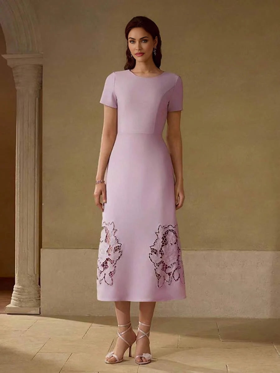 PREMIUM WOMEN ROSE EMBROIDERY WITH RHINESTONE HOLLOW WAIST MIDI DRESS