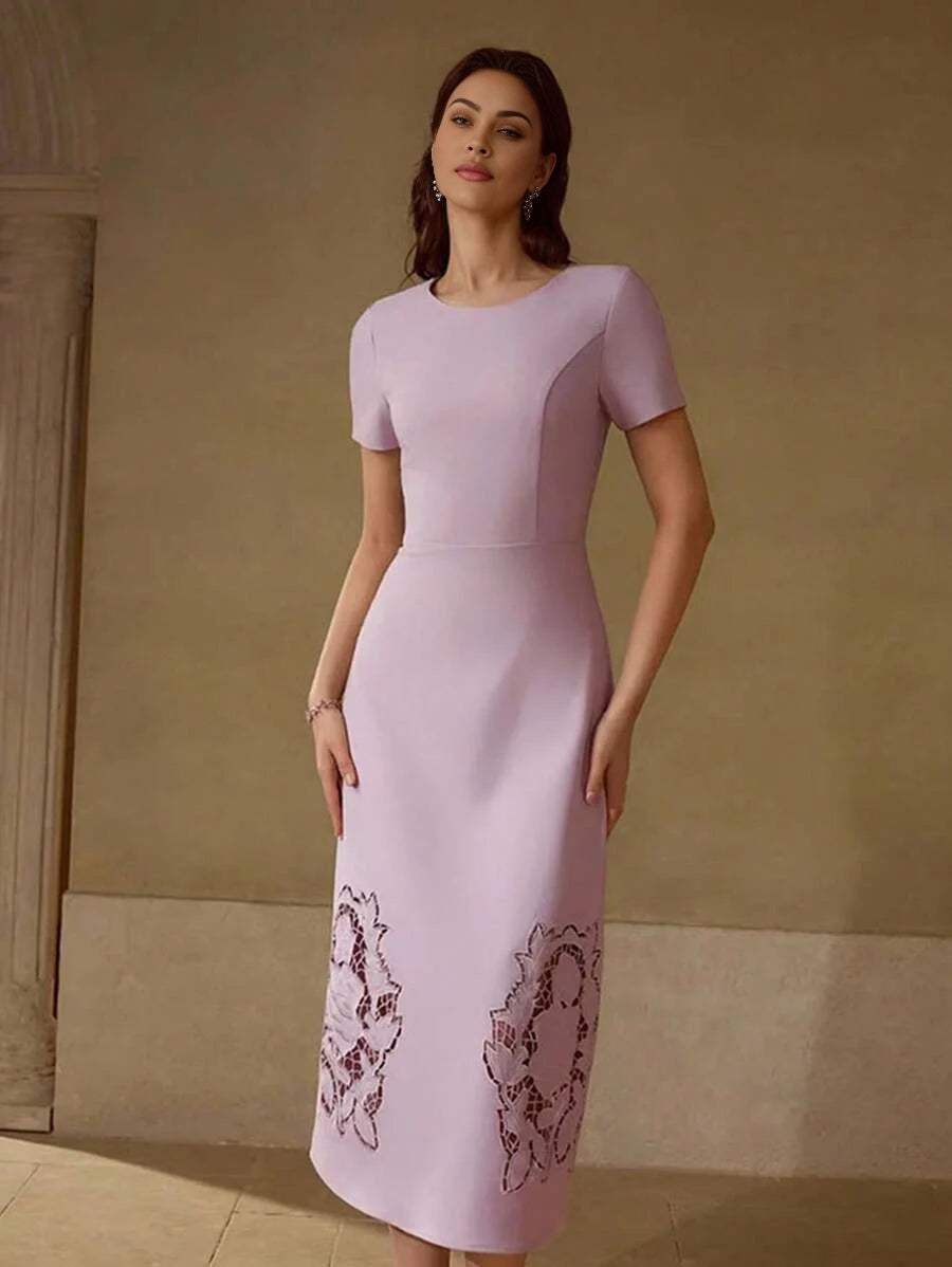 PREMIUM WOMEN ROSE EMBROIDERY WITH RHINESTONE HOLLOW WAIST MIDI DRESS