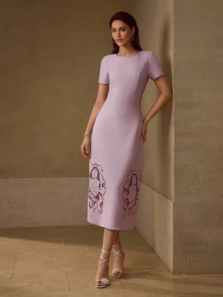 PREMIUM WOMEN ROSE EMBROIDERY WITH RHINESTONE HOLLOW WAIST MIDI DRESS